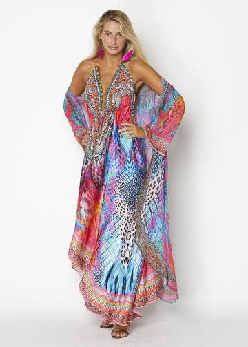 Multi Color Printed with Crystal Embellished Neckline Kaftan Kimono Polyester 
